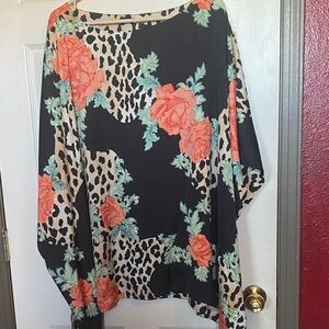 IMAN Reversible Black Blouse with Orange Floral and Leopard Print
